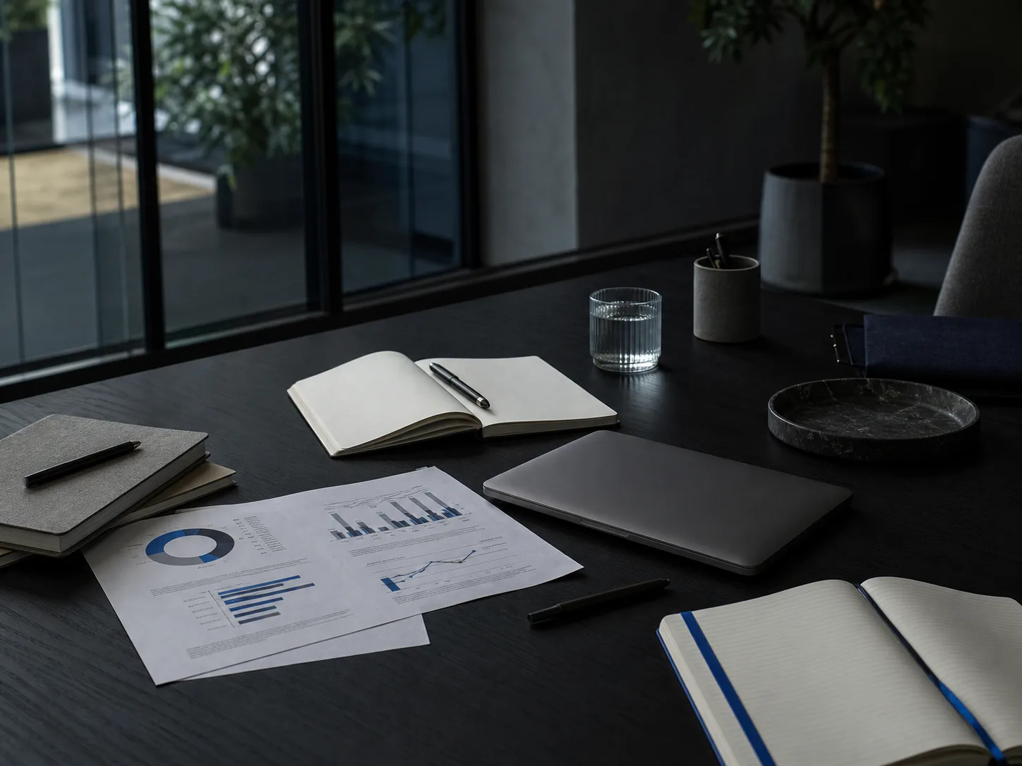 A quiet workspace with notebooks, financial charts, and a laptop